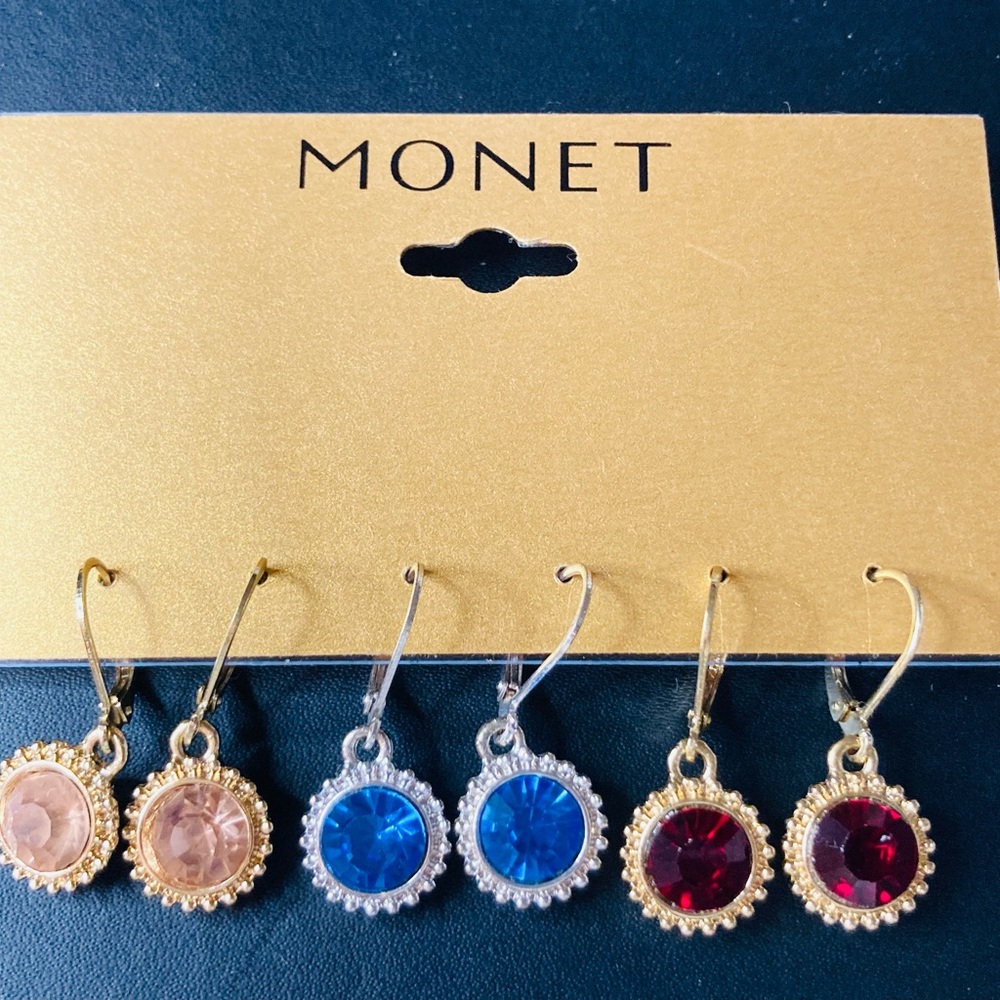 Monet Gold-Tone Drop Earrings with Pink, Blue & Red Crystal Centers